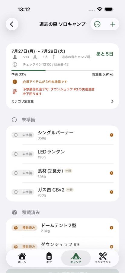 キャンプの持ち物画面。未準備・積載済みなど状態ごとに分かれ、総重量と警告が表示されている